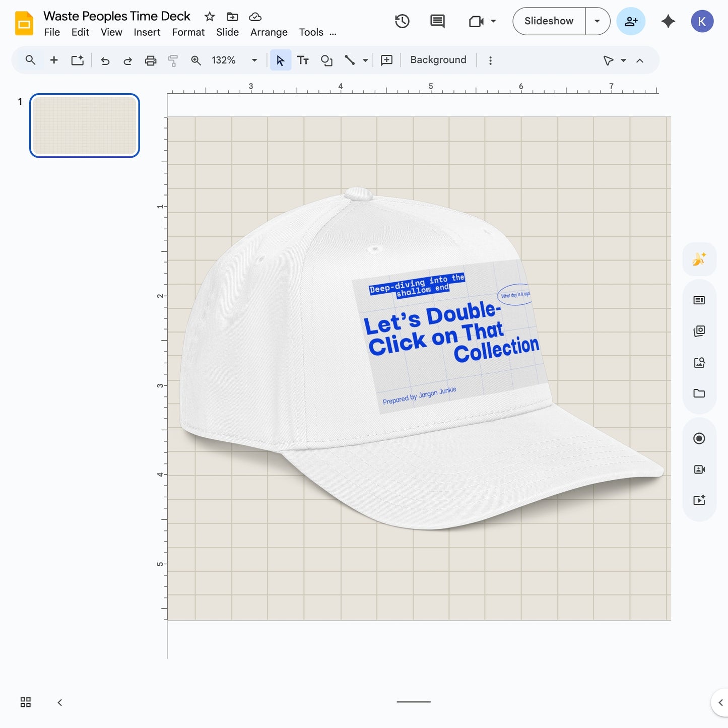 Jargon Junkie white baseball cap angled view with slide deck graphic reading Let's Double-Click on That Collection